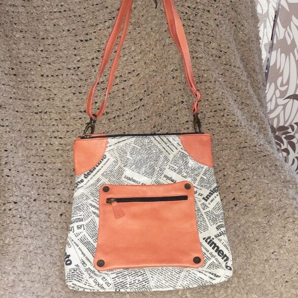 MAURIZIO TAIUTI-ITALY Orange Leather Crossbody-Newspaper Print-Near Mint